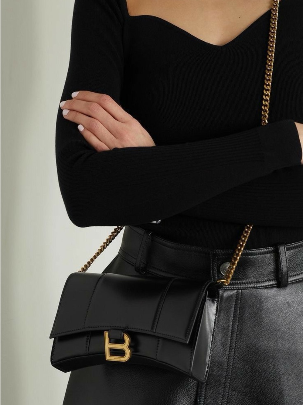 Balenciaga Structured Black Croc-Effect Shoulder Bag with Gold Chain